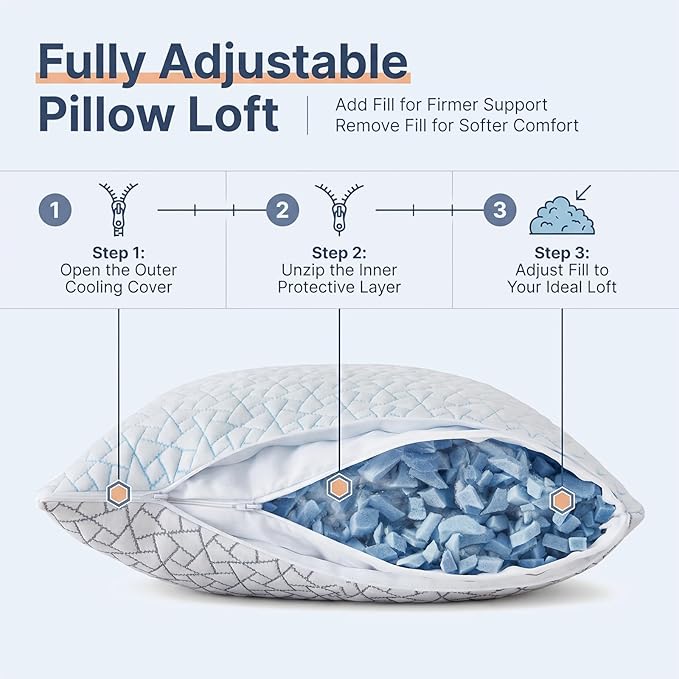 Alkyonos Cooling Pillow for Sleeping:Adjustable Shredded Memory Foam Bed Pillow,King Size Set of 2 with Ice Cover, Breathable & Supportive for Side, Back and Stomach Sleepers
