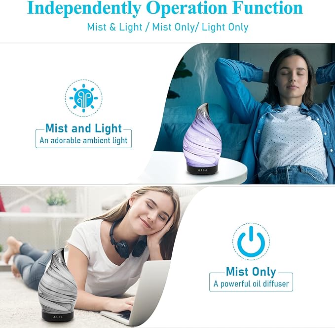 Essential Oil Diffuser 150ML, Glass Aromatherapy Diffuser with 4 Timer Settings & 7 Color Changing Lights, Waterless Auto Shut-Off, Ultra Quiet Oil Diffuser, Mothers Day for Home, Office, Yoga, Spa
