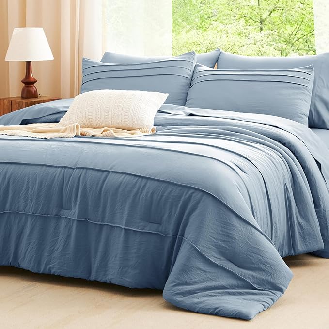 CozyLux Queen Comforter Set Grayish Blue, 7 Pieces Soft Pinch Pleat Bed in a Bag Queen Comforter Set with Sheets, Boho Bed Set with Down Alternative Comforter, Sheets, Pillowcases & Shams