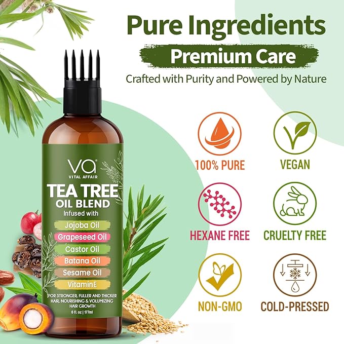 VITAL AFFAIR Tea Tree Oil For Hair With Jojoba, Castor, Batana Oil - Tea Tree Hair And Scalp Treatment - Hair Oil For Dandruff - Helps Strengthen, Volumize & Promotes Hair Growth - 6 Fl Oz