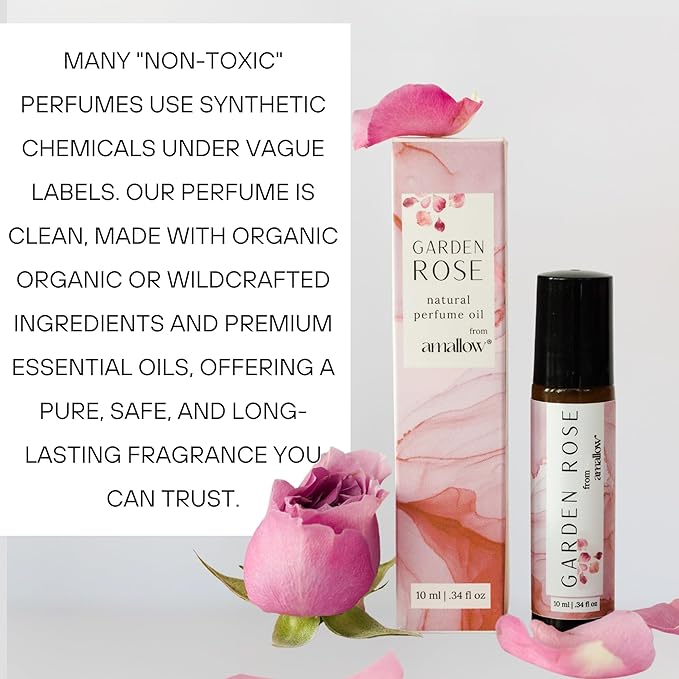 Amallow All Natural Non-Toxic Perfume Roller - Made With Pure and Organic Essential Oils - Hints of Rose, Sandalwood, Elemi, and Clary Sage (Garden Rose)