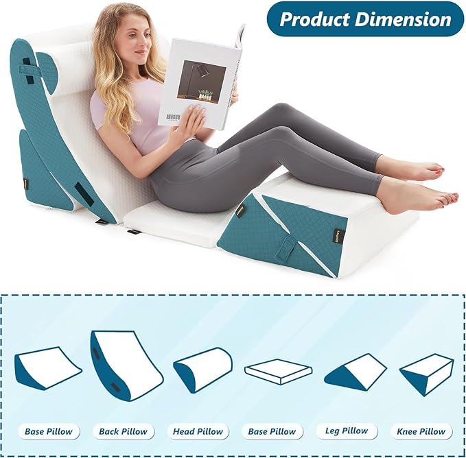 Orthopedic Bed Wedge Pillow Set for Sleeping 6 PCS - Adjustable Triangle Pillow for Neck Leg Support with Washable Cover - 35D Foam Wedge Pillow Post Surgery for GERD & Snoring (White Blue)