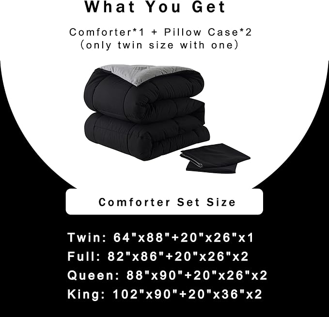 DOWNCOOL Queen Comforter Set -All Season Bedding Comforters Sets with 2 Pillow Cases-3 Pieces Bedding Sets Queen -Down Alternative Black/Grey Queen Size Comforter Sets(88"x92")
