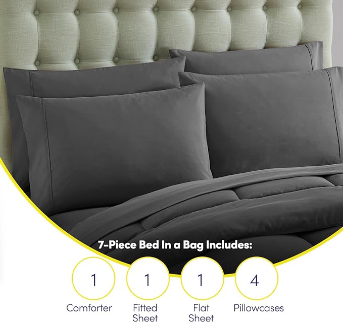 King Size Comforter Set with Sheets - 7-Piece Bedding Collection - 1 Comforter, 1 Fitted Sheet, 1 Flat, 4 Pillowcases - Deep Pocket - Soft & Breathable Premium Quality - Ideal for All Seasons, Gray