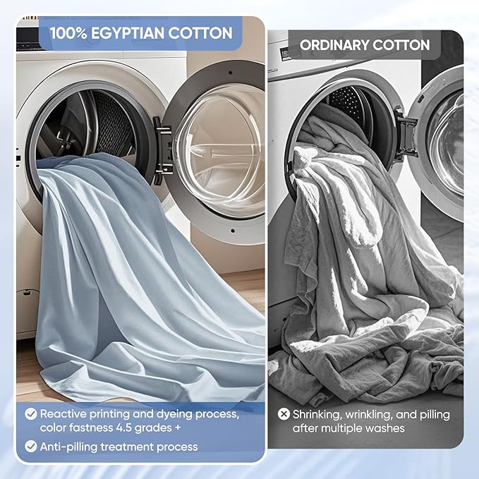 TWK 1200 TC 100% Egyptian Long-Staple Cotton Bedding Sheets Set, Luxury Hotel Style Deep Pocket with Elastic Reinforced Seams Sheet Set, Soft & Comfy Natural Sheets (French Blue, Full)