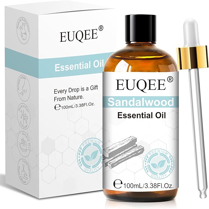 EUQEE 100ml Sandalwood Essential Oil, Pure Sandalwood Essential Oil for Diffuser, Massage, DIY Soap,Candle Making, Skin & Hair Care - 3.38 Fl Oz