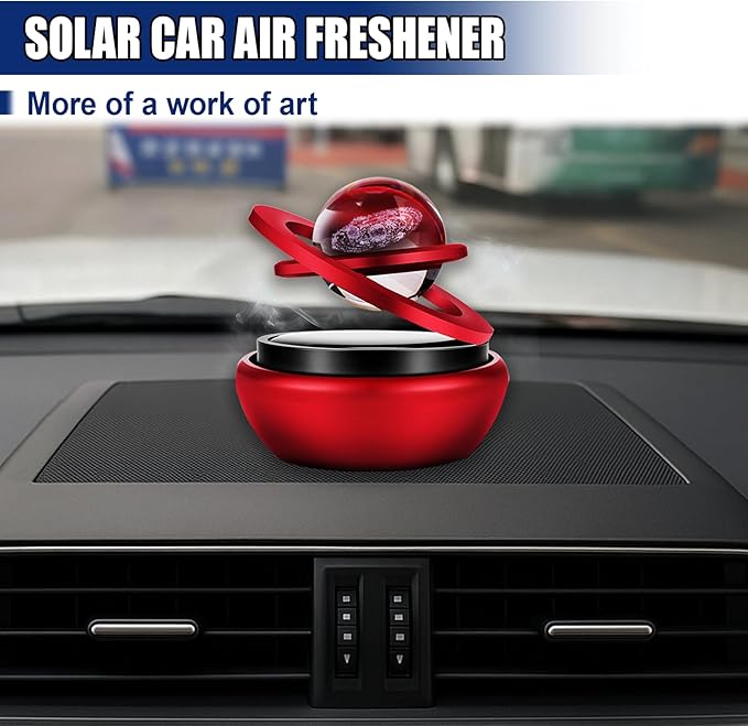 Solar Energy Car Dashboard Spinner, Rotatable Decoration Diffuser with Crystal Ball, Automatic Rotate Automotive Interior Decoration Accessory for Cars Home Office (Red)