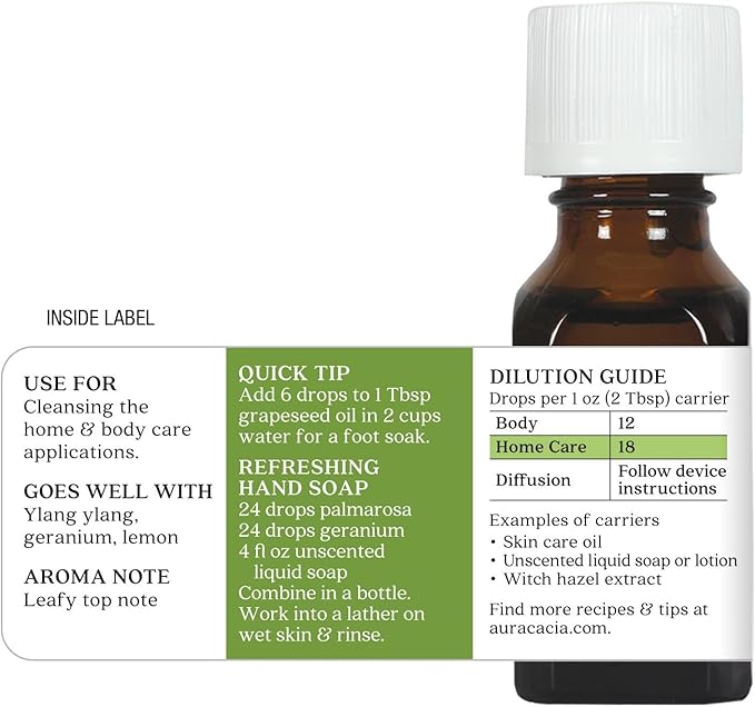 Aura Cacia Palmarosa Essential Oil, Cymbopogon Martinii Oil, Cleansing Aromatherapy for Diffusers, Skincare, Home Cleaning, Custom Blends | 0.5 Fl Oz (Pack of 1)