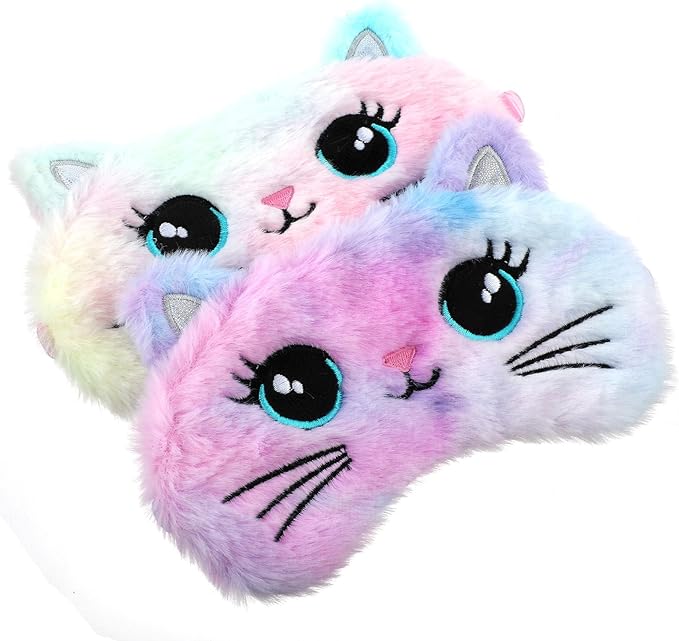 2 Pcs Plush Eye Mask Soft Sleeping Blindfold Eye Cover Comfortable Cute Animal Sleeping Mask Satin Nap Night Eyeshade Cover for Women Men Gift (Colorful, Cat Style)