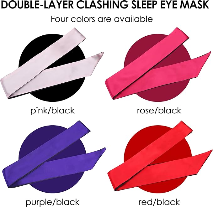FRESHME 2pc Satin Sleep Mask - Lightweight Blindfold Eye Mask Cover for Women Men Couples Night Gift, Valentine's Day Gift Double Sides Dark Purple & Black+Red & Black 2pc Set