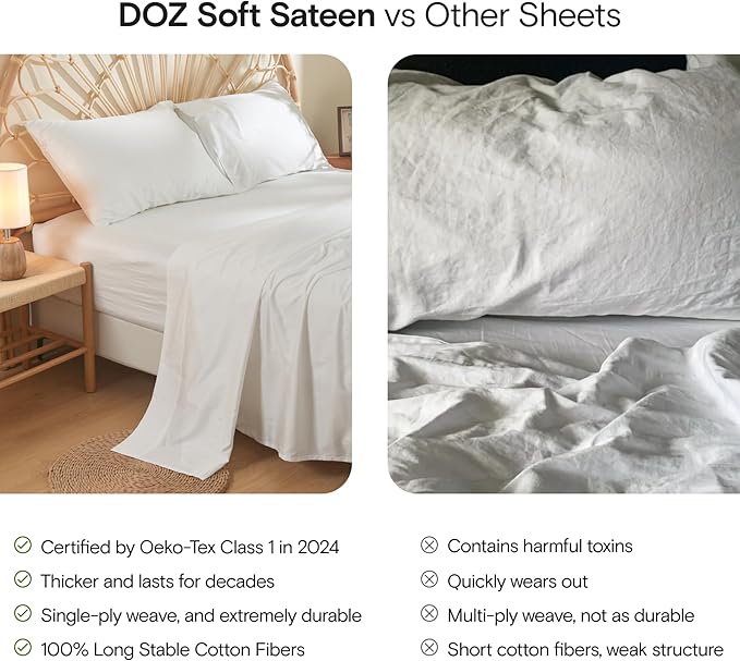 DOZ 100% Long Staple Cotton Duvet Cover Set, Soft Sateen Weave, Smooth, Breathable, Hotel Comfort, 90"x90", 8 Loops, 3pc – 2 Pillowcases 1 Duvet Cover (Sage, Full/Queen)