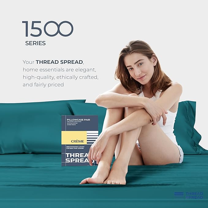 THREAD SPREAD 100% Egyptian Cotton King Size Pillow Cases Set of 2 - Luxury 1500 Series Pillow Cases King Size (Teal), Soft Cooling Envelope Closure Hotel Quality Egyptian Cotton Pillowcases