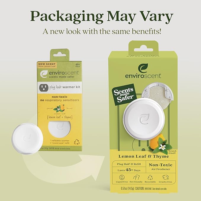 Enviroscent Non-Toxic Air Freshener Plug Hub® Warmer Refillable Kit - Refillable Plug-in Air Freshener - Home Fragrance Lasts Up to 45 Days - Mother’s Day Gift for Mom - Lemon Leaf & Thyme Scent