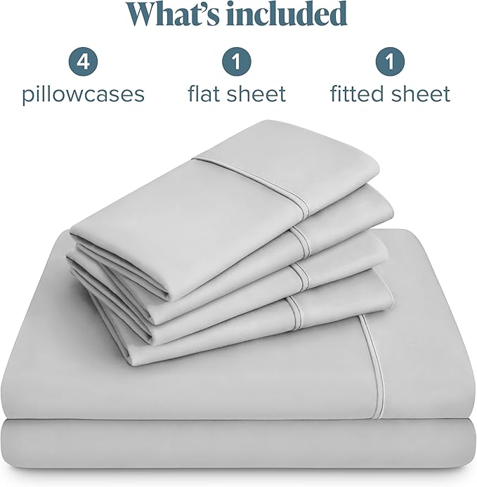 Bare Home Hotel Luxury Sheet Set, Extra Soft - 6 Piece Set - Deep Pockets - Easy Fit - Cooling & Breathable - Wrinkle, Fade, Stain Resistant - Includes 4 Pillowcases (Short Queen, Cloud Grey)