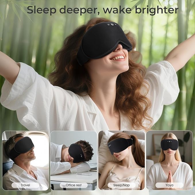 Weighted Bluetooth Sleep Mask with Removable Hot & Cold Gel Insert, 3D Blackout Eye Mask, Adjustable Speaker Placement, Passive Sound Masking, 15H Playback for Sleep, Travel & Relaxation