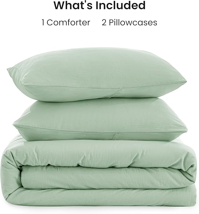 Love's cabin Queen Comforter Set Light Green, 3-Piece 90% Polyester 10% Linen Blend Bedding Set, Linen-Look Textured Stripe, Down Alternative All-Season Comforter with Pillow Shams | Soft, Breathable, Lightweight