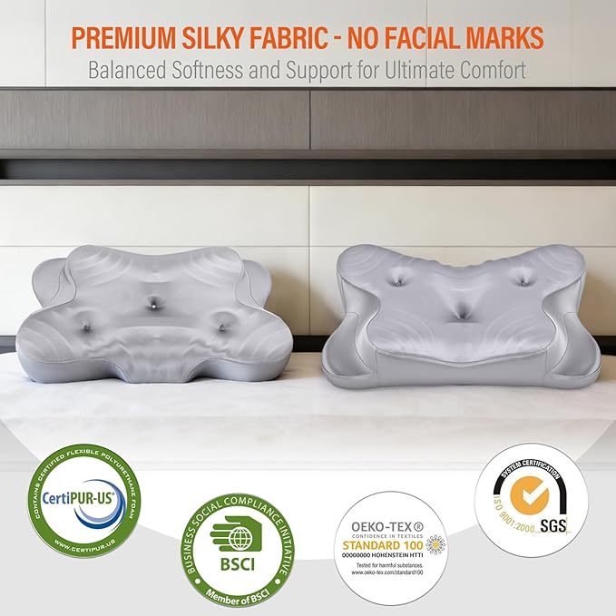 Dual Ear Relief Zone Contour Pillow, Ice Silk Satin Cervical Memory Foam Pillow for Sleeping, Ergonomic Neck Support for Side, Back & Stomach Sleepers