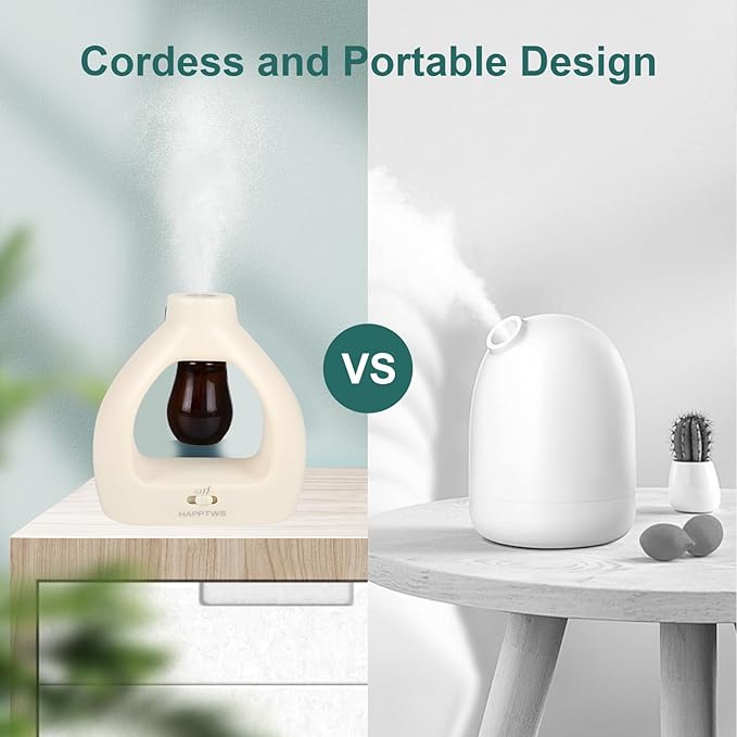 HAPPTWS Waterless Essentil Oil Diffuser Set - Cordless Diffuser 3 Timer Settings Battery Operated for Bedroom Yoga Studio Bathroom Pet Room-Milky White