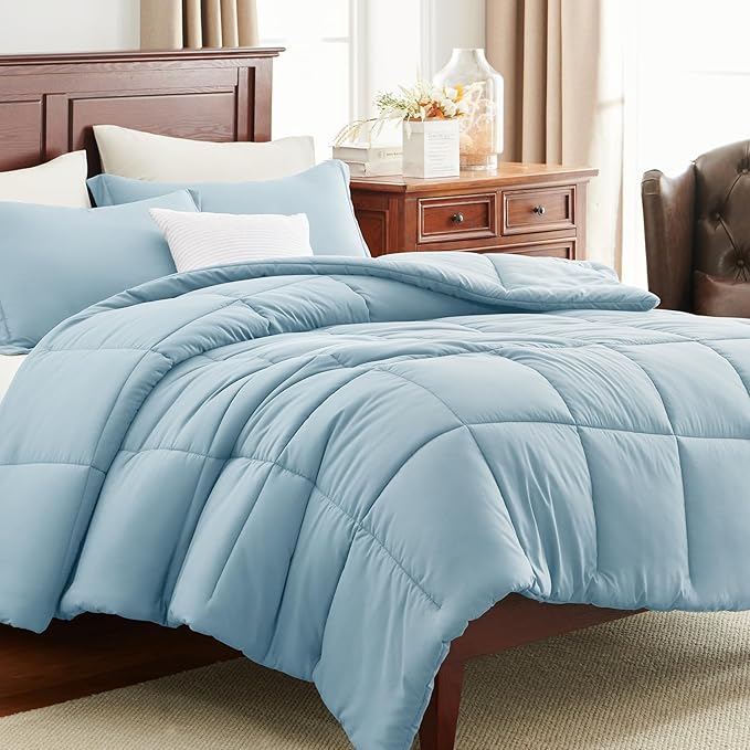 CozyLux Queen Comforter Set - Light Blue Comforters Queen Size, 3 Pieces Box Stitched Bed Set for All Seasons, Soft Lightweight Bedding Sets with 1 Down Alternative Comforter and 2 Pillow Shams