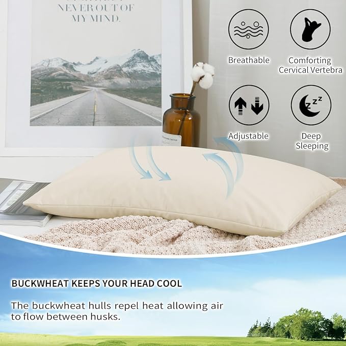 Organic Buckwheat Pillow for Sleeping with Organic Cotton Pillowcase - 14''x20'' Adjustable Pillow, Breathable for Cool Sleep, Cervical Support for Back and Side Sleepers(Tartary Buckwheat Hulls)