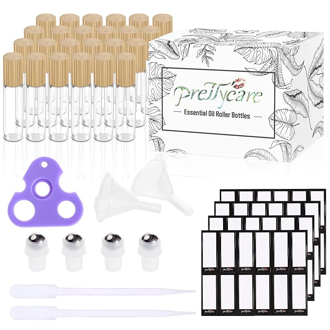 PrettyCare Essential Oil Roller Bottles 10ml (24 Pack Clear Glass Bottle with Bamboo Lid, 4 Extra Roller Balls,48 Labels, 2 Openers, 2 Funnels, 4 Droppers, Roller Balls For Essential Oils