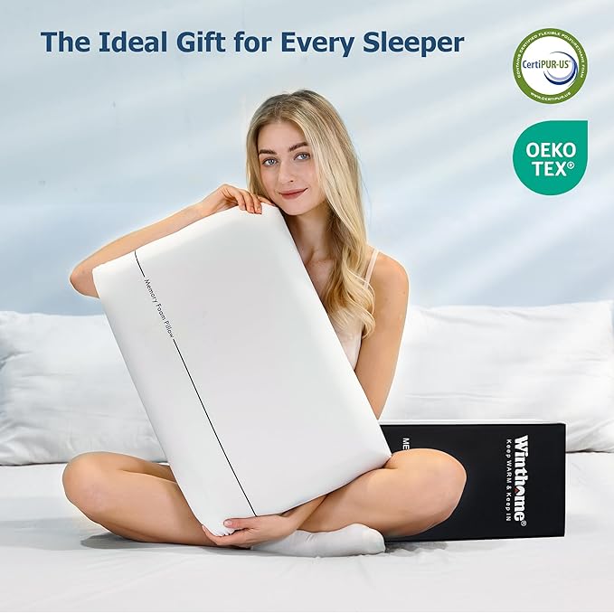 Winthome Memory Foam Pillow, Two-Sided Soft and Firm Neck Pillow for Sleeping, Suitable for Side, Back and Stomach Sleepers with Washable Cover