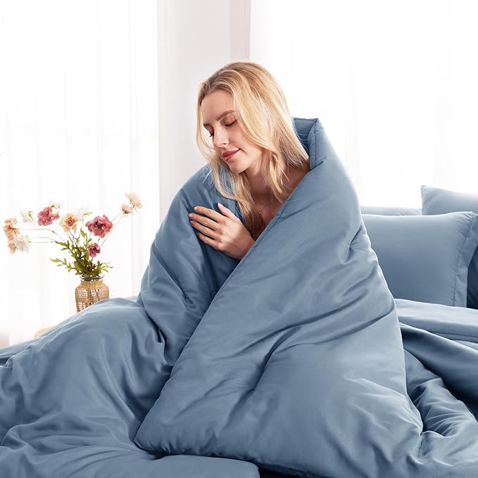 CozyLux California King Comforter Set Grayish Blue, 7 Pieces Cal King Dusty Blue Bed in a Bag Comforter Set with Sheets, Soft Bedding Set with Down Alternative Comforter, Sheets, Pillowcases & Shams