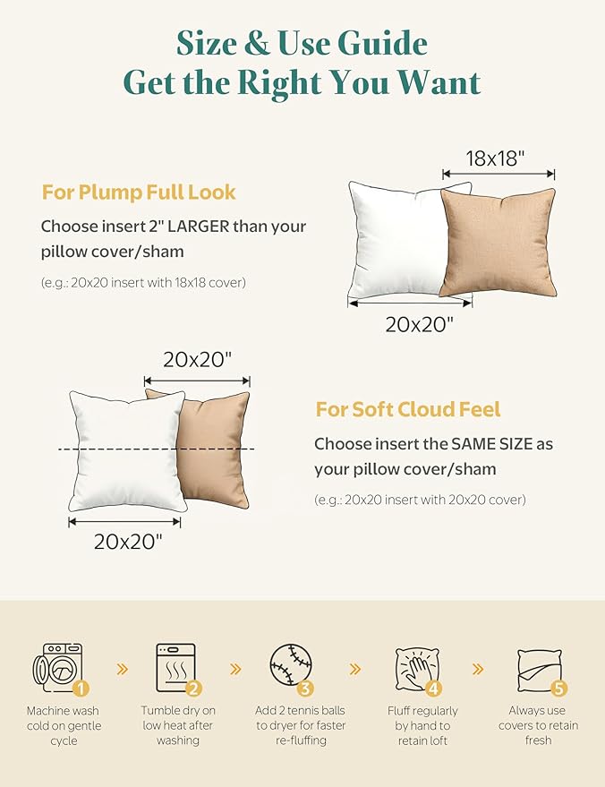 APSMILE Organic Cotton Goose Feather Down Plus Throw Pillow Inserts, 24x24 Inch Set of 2, Soft Supportive Square Decorative Pillow Forms for Couch, Sofa, Bed