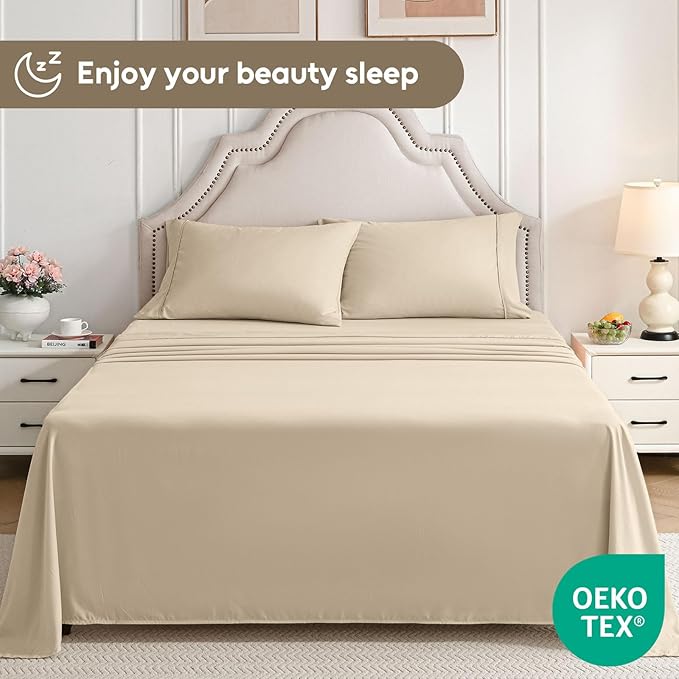 Queen Sheet Set, 4 Pieces Hotel Luxury Soft Microfiber Queen Bed Sheets Set, Up to 16" Deep Pockets, Oeko-Tex Sheets with Elastic, Breathable, Wrinkle Free (Beige, Queen)
