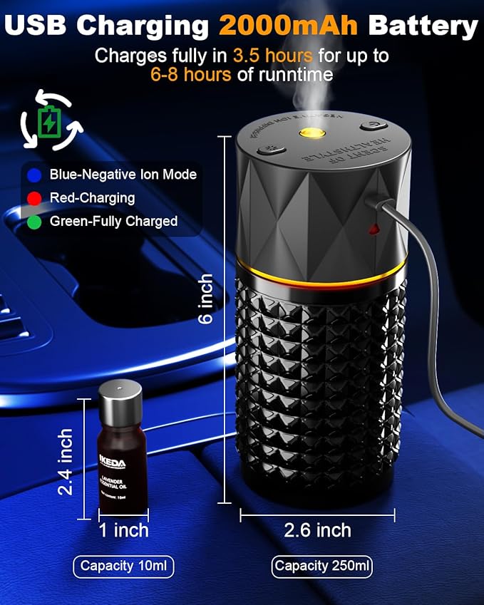 Smart Car Air Freshener | Negative Ion Car Aroma Diffuser | Car Air Freshener Diffuser with 3 Switchable Modes | Car Diffuser Auto Power-Off When Waterless | Glass Diffuser for Car, by Ikeda (Black)
