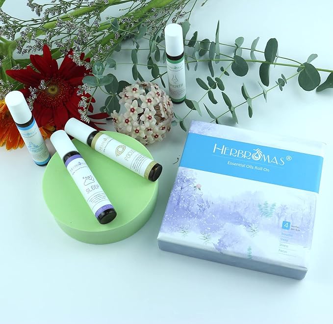 Aromatherapy Oils Roller Set, Natural Pre-diluted Essential Oils Roll On with Glass Rollerball, Relaxation Gift for Women & Men, Christmas Gift, Pack 4 x 0.33fl.oz