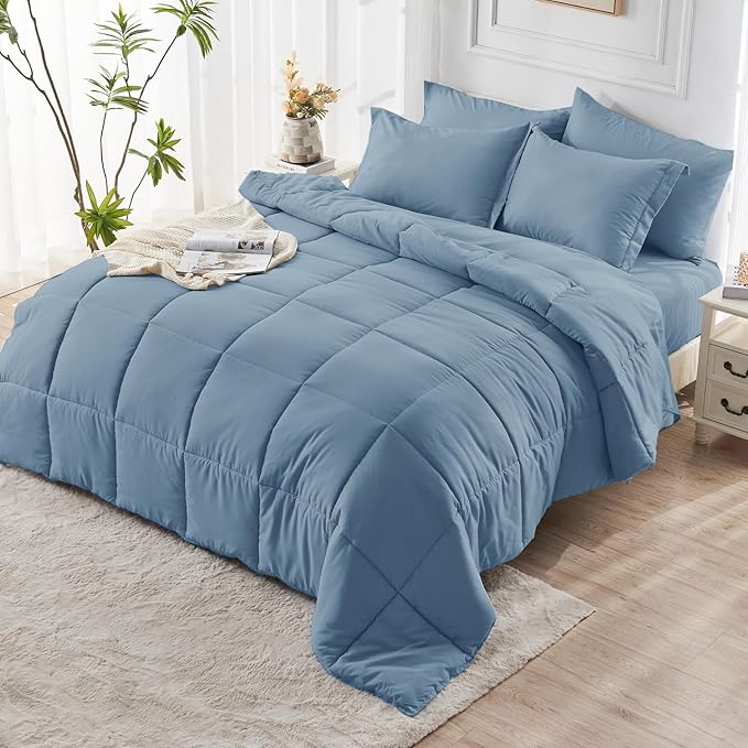 JOLLYVOGUE Full Comforter Set, Ultra-Soft Bed in a Bag Full Size 7 Pieces, Oeko-TEX Certified Bedding Set with Down Alternative Comforter, Sheets, Pillowcases & Shams, Dusty Blue