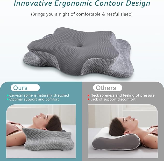 CHxxy Cervical Neck Pillow for Pain Relief Sleeping, Memory Foam Pillows, Ergonomic Side Sleeper Pillows, Orthopedic Neck Support Pillow for Back Stomach Sleepers-King Size Grey&Grey