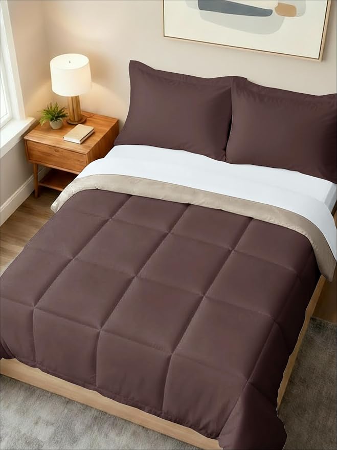 King Comforter Set - 3 Piece Bed Set for All Seasons - 1 Soft Quilted Comforter with Corner Tabs & 2 Pillow Shams - Comfy & Breathable - Premium Down Duvet Insert - Oeko-TEX - King Size, Brown/Beige