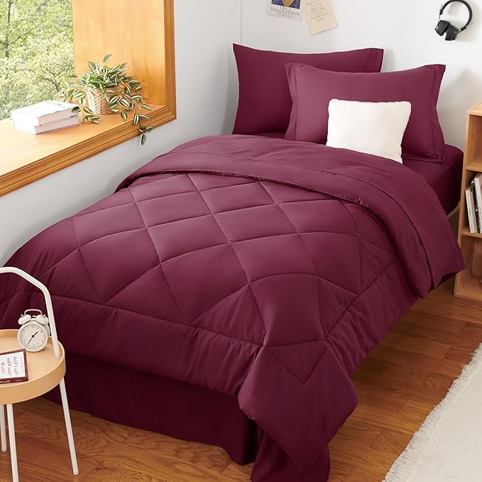 CozyLux Twin XL Comforter Set Burgundy - 5 Pieces Twin Extra Long Bed in a Bag for College Dorm, All Season Bedding Set for Girls and Boys, Soft Bed Set with Comforter, Sheets, Pillowcase & Sham