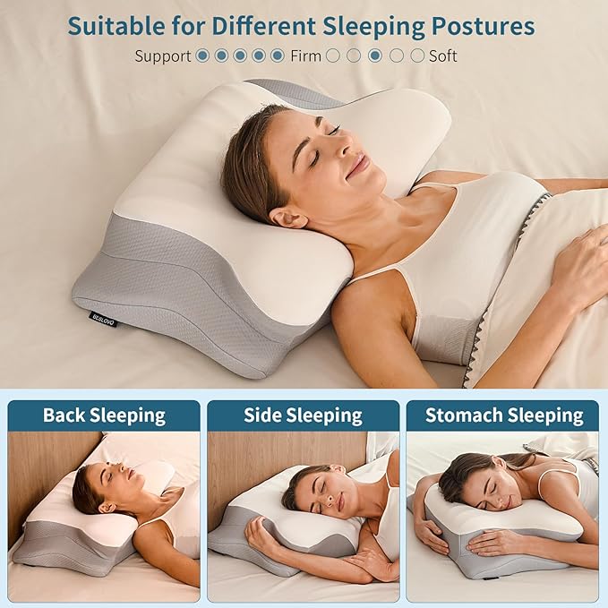 Ylekto Cervical Neck Pillow for Pain Relief, Ergonomic Pillow Side Sleeper Pillow for Sleeping, Contour Memory Foam Pillows with Cooling Pillowcase Orthopedic Bed Pillow for Back Stomach Sleepers