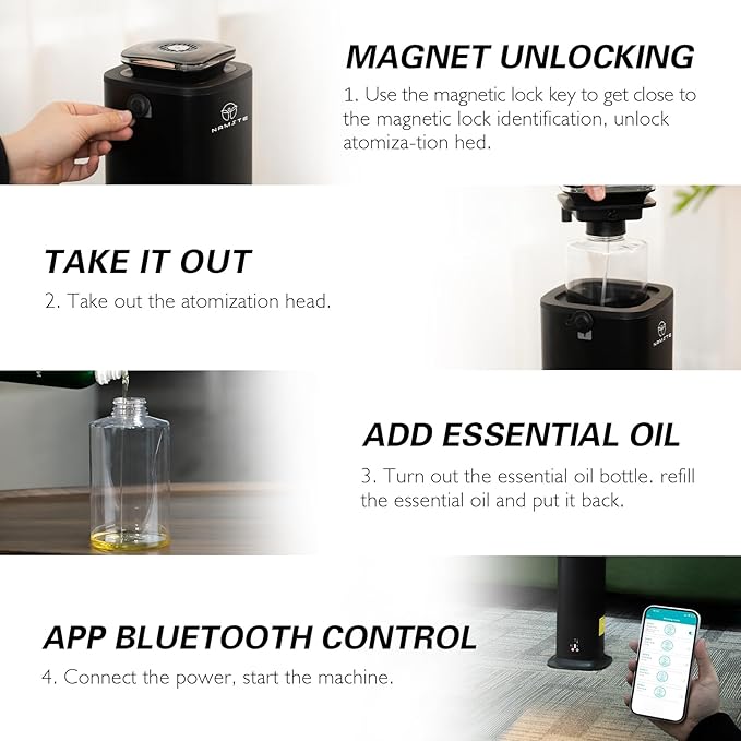 Tower HVAC Scent Diffuser | 4000 Sq. Ft Coverage | 800ml Essential Oil Waterless Diffuser | Large Capacity Luxury Hotel Diffusers | App & Touch Control for Two-Story Home, Open Area - Black