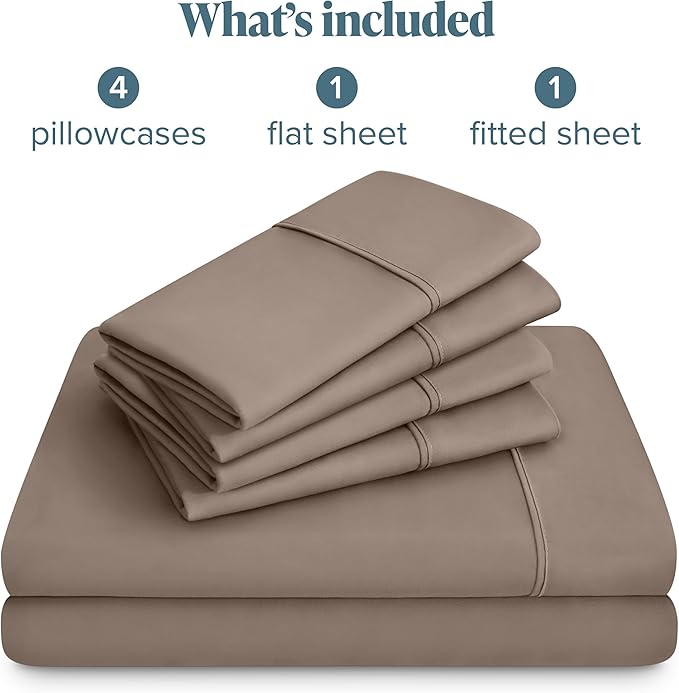 Bare Home Hotel Luxury Short Queen Sheet Set, Extra Soft - 6 Piece Set - Deep Pockets - Easy Fit - Cooling & Breathable - Wrinkle, Fade, Stain Resistant - Includes 4 Pillowcases (Short Queen, Taupe)