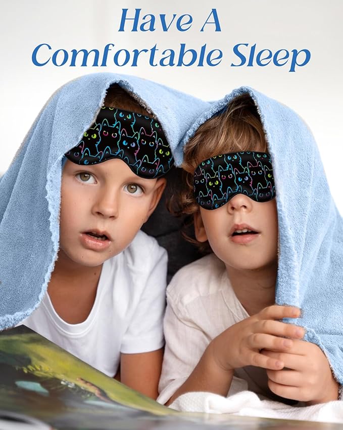 Miss Adola Sleep Mask for Kids - Cute Kawaii Cartoon Silk Sleeping Mask with Adjustable Strap Soft Smooth Light Eye Mask for Sleeping Silk Kids Eye Cover for Boys Girls Teens, Luminous Black Cats