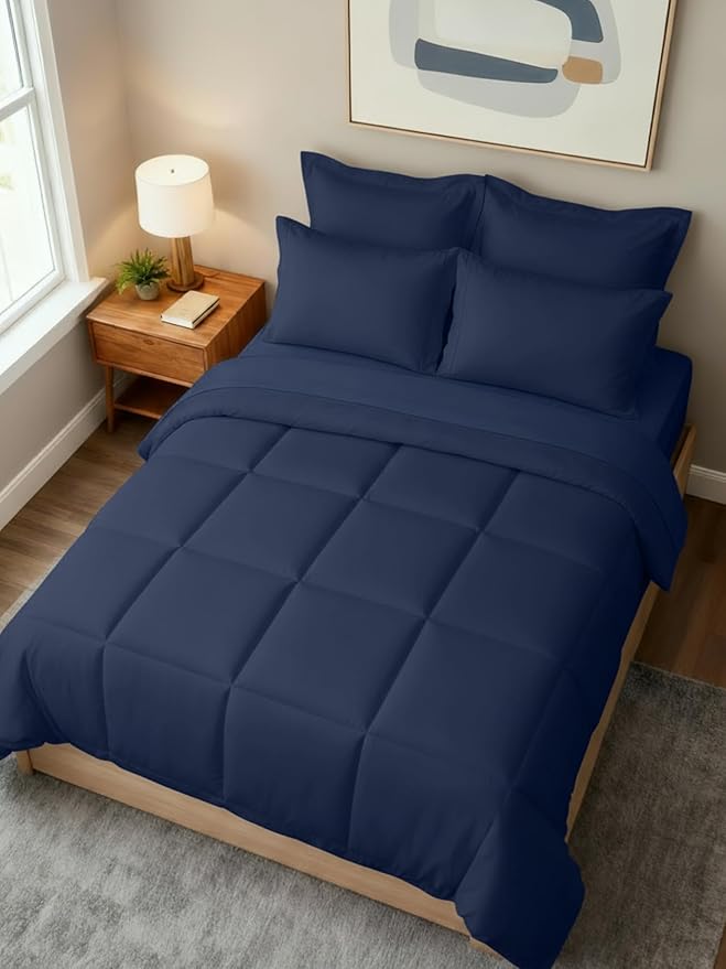 Queen Comforter Set - 7 Piece Bed in a Bag Queen Size Bed Set - Down Alternative Comforter, Flat Sheet, Fitted Sheet, Pillowcase & Shams for All Seasons - Ultra Soft, Comfy and Breathable - Navy Blue