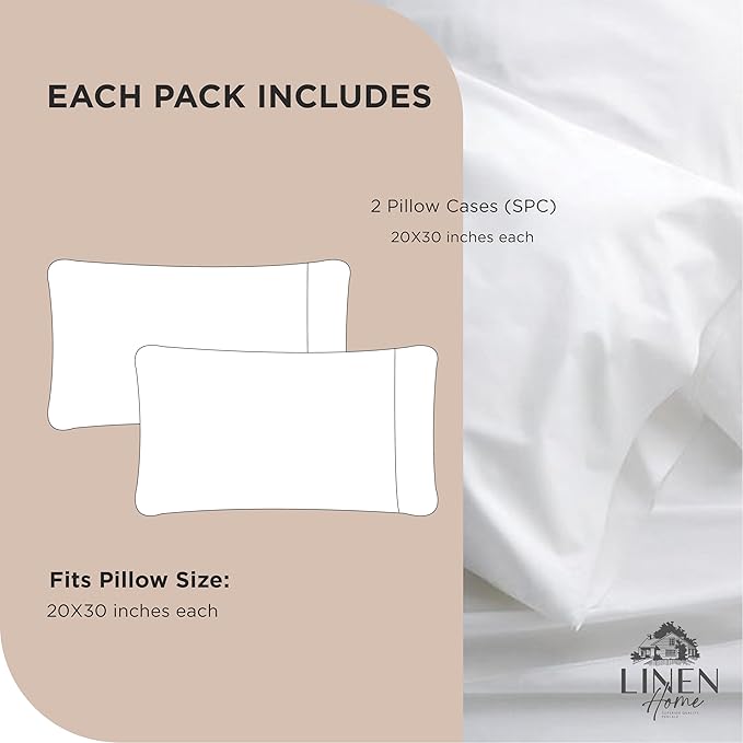 Linen Home 100% Cotton Percale Pillowcases Queen Size, Sand Shell, 2 Pieces of Pillow Case, Crisp and Cool Strong Bed Linen, 20 inches X 30 inches