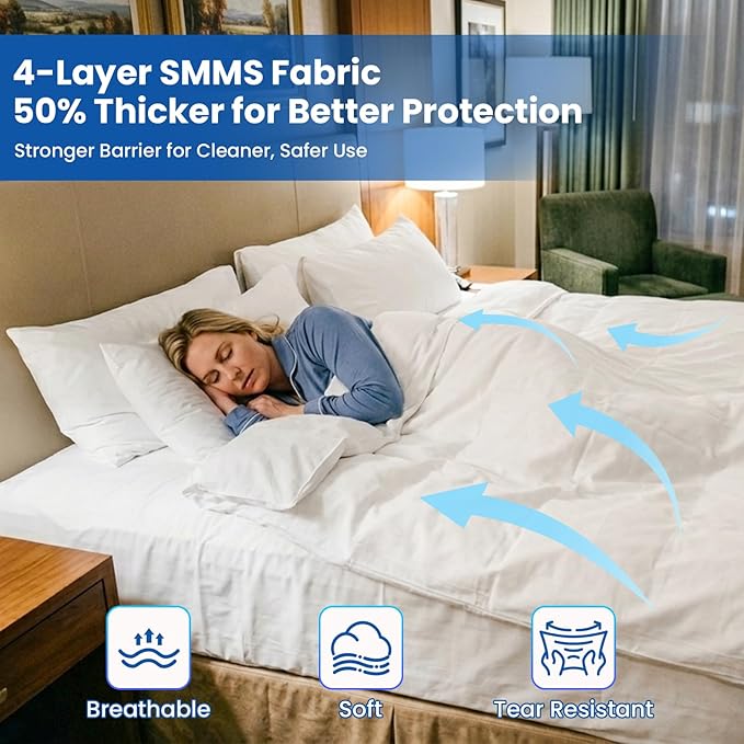 4 Pack Disposable Bed Sheets Fitted Sheet King Size, Disposable Travel Sheet for Hotel with Quilt Cover and Pillowcase,Disposable Sheets for Travel