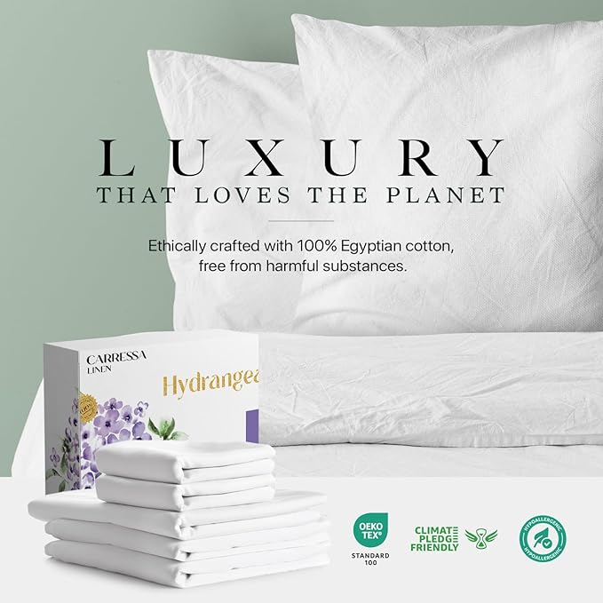 Carressa Linen 100% Egyptian Cotton Split King Sheets Sets for Adjustable Bed - 600 Series Hydrangeas Collection 5 PC Navy Blue Top Split King Sheets, 16" Deep Pocket Sheet for Adjustable Bed
