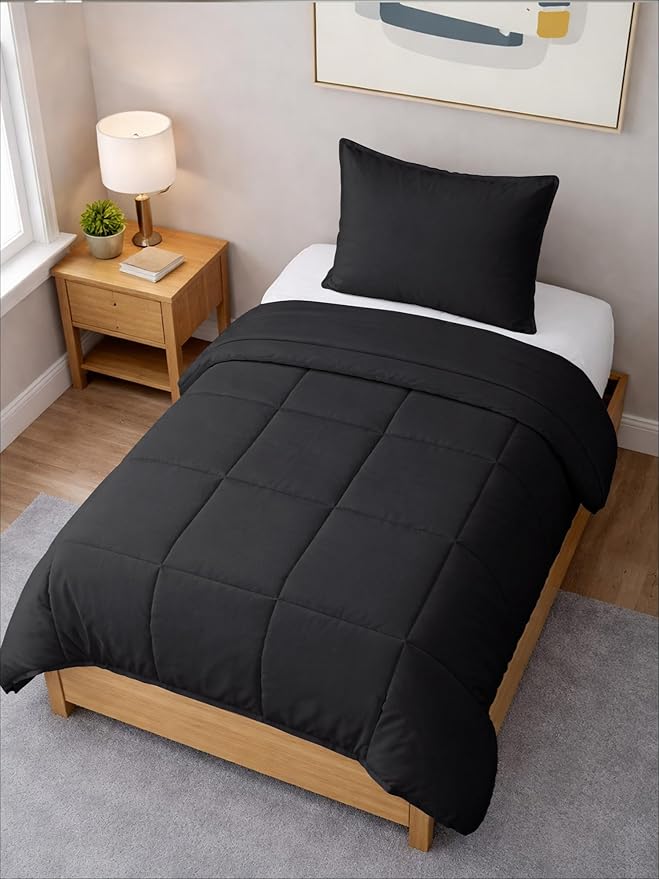 Twin Comforter Set - 2 Piece Bed Set for All Seasons - 1 Soft Quilted Comforter with Corner Tabs & 1 Pillow Sham - Comfy, Cozy & Breathable - Premium Down Duvet Insert - Oeko-TEX - Twin Size, Black