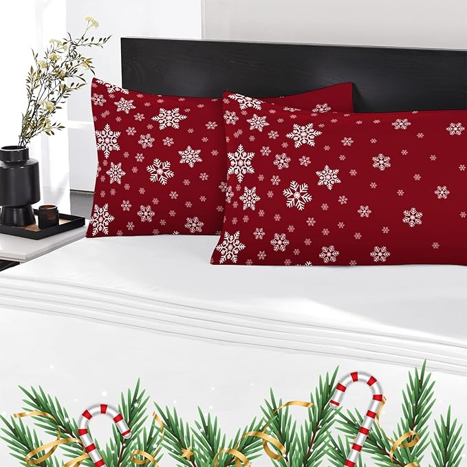 YIYEA Christmas Pillow Cases Queen Size Set of 4, Ultra Soft Double Brushed Microfiber Red Pillowcases and Christmas Snowflake Pillow Covers, Envelope Closure, Fade Resistant (20"x30")