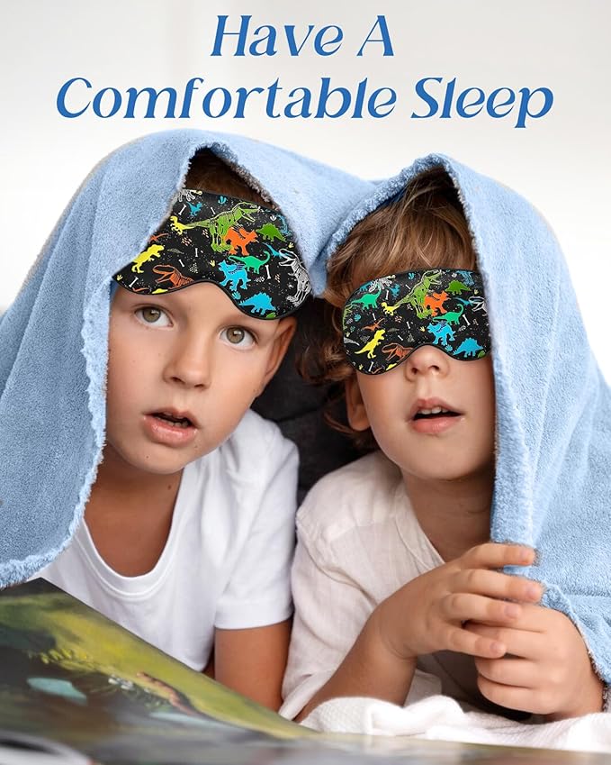 Miss Adola Sleep Mask for Kids - Silk Eye Mask for Sleeping Cute Cartoon Kids Sleep Mask for Boys Girls Teens Soft Smooth Adjustable Straps Silk Kids Eye Cover, Black Dinosaur