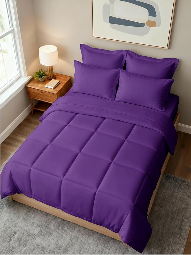 Queen Comforter Set - 7 Piece Bed in a Bag Queen Size Bed Set - Down Alternative Comforter, Flat Sheet, Fitted Sheet, Pillowcase & Shams for All Seasons - Ultra Soft, Cozy, Comfy & Breathable - Purple