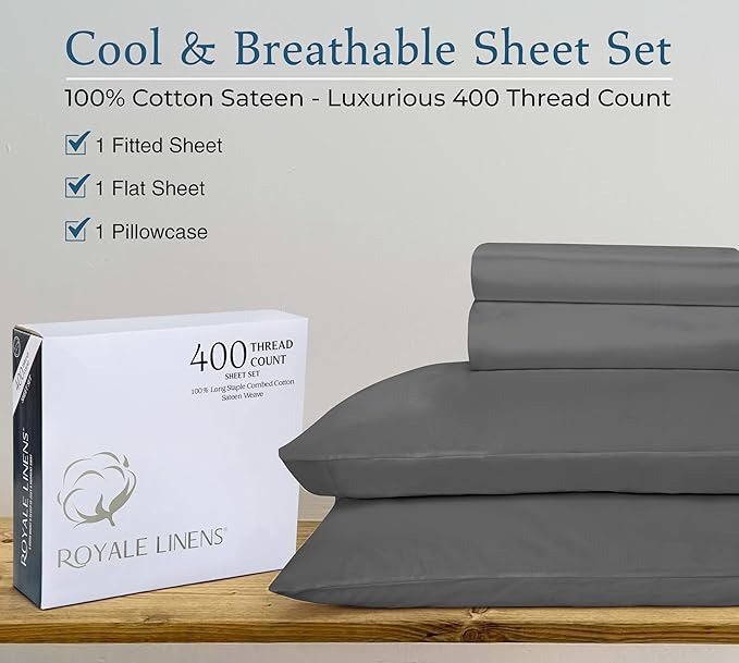 ROYALE LINENS 400 Thread Count 100% American Grown Cotton 3 Piece Sateen Twin Sheet Set - 1 Fitted Sheet, 1 Flat Sheet, 1 Pillow case - Grey Twin Bedsheet - Cotton Sheets - (Twin, Spanish Slate)