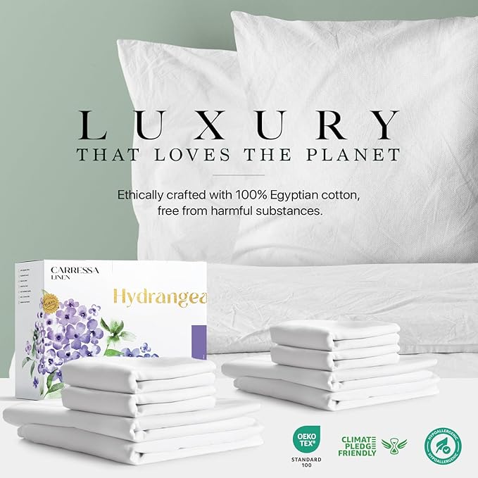 Carressa Linen 100% Egyptian Cotton Full Size Sheets - 600 Series Hydrangeas Collection Full Size Egyptian Cotton Sheets (8 PC, Crisp White), 16" Deep Pocket Sateen Weave Luxury Hotel Bed Sheet Set
