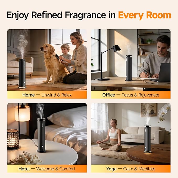 FEPPO Waterless Diffuser, Essential Oil Diffuser for Home Hotel Office – Cold Air Aroma Diffuser Starter Kit with 5×20mL Hotel Scent Oils, 6 Scent Levels, Quiet Aromatherapy Diffuser, 1000+ Sq Ft
